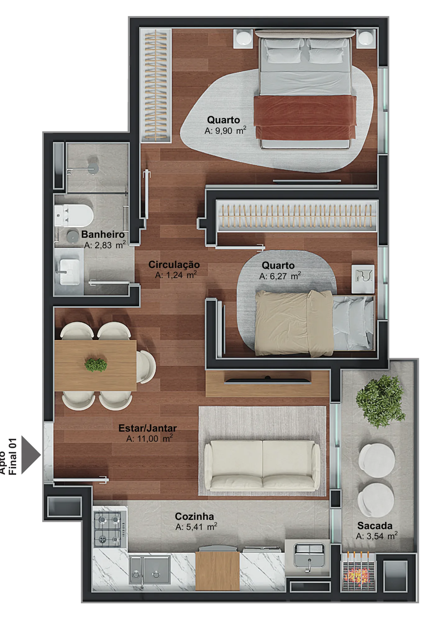Planta humanizada do apartamento final 01, 47,56 m²