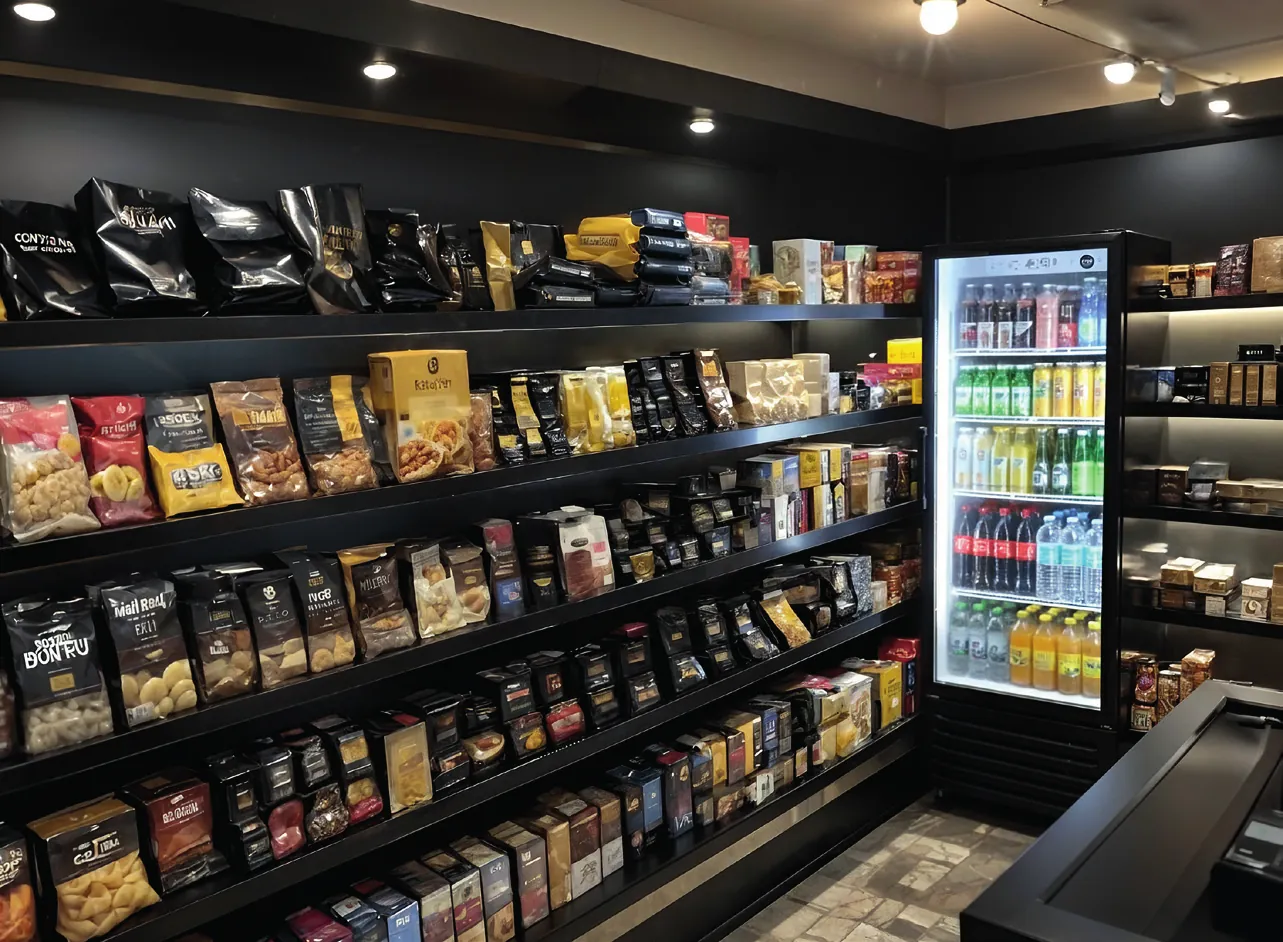 Micro market com prateleiras e geladeira de bebidas